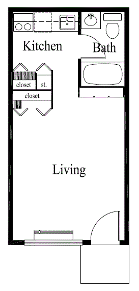 A floor plan of a small apartment with a kitchen, bathroom, and living room.